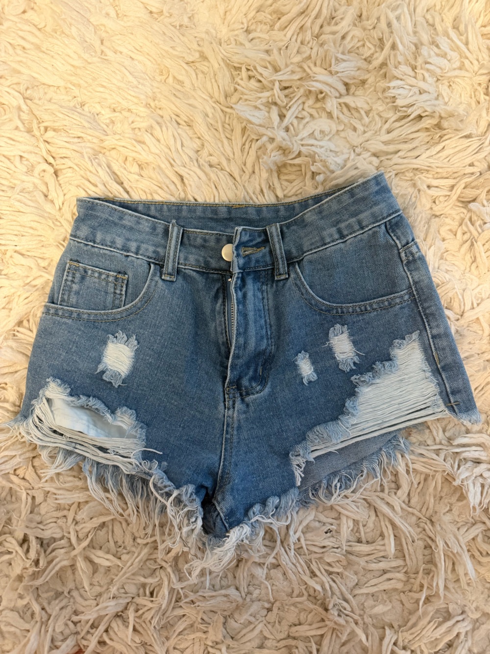 Classic High-Rise Distressed Denim Shorts - Blue